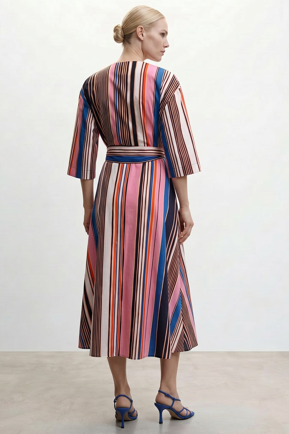 Double Breasted Tie Waist Striped Dress - MULTI COLOR