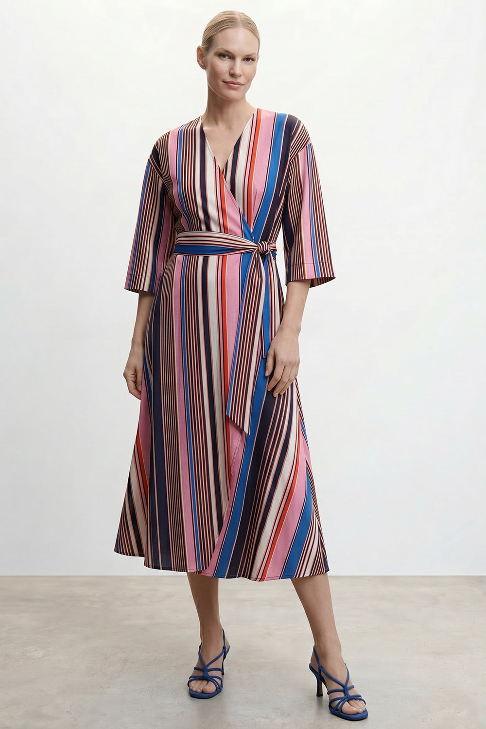 Double Breasted Tie Waist Striped Dress - MULTI COLOR