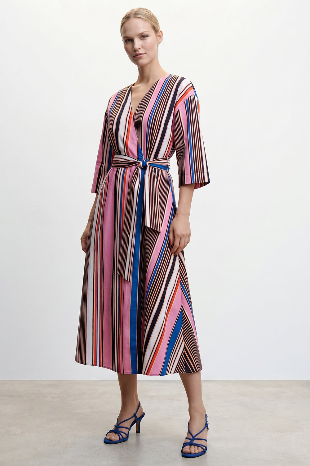 Double Breasted Tie Waist Striped Dress - MULTI COLOR