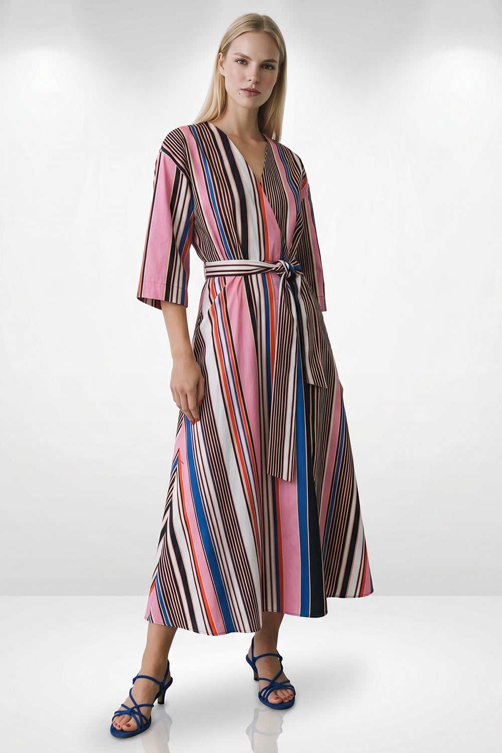Double Breasted Tie Waist Striped Dress - MULTI COLOR