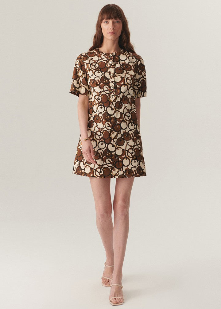 Buttoned Crew Neck Short Sleeve Patterned Mini Dress - Multi Color