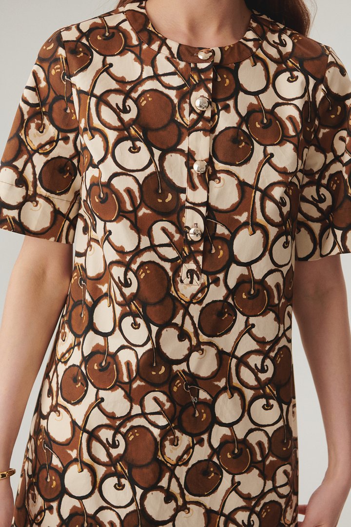 Buttoned Crew Neck Short Sleeve Patterned Mini Dress - Multi Color