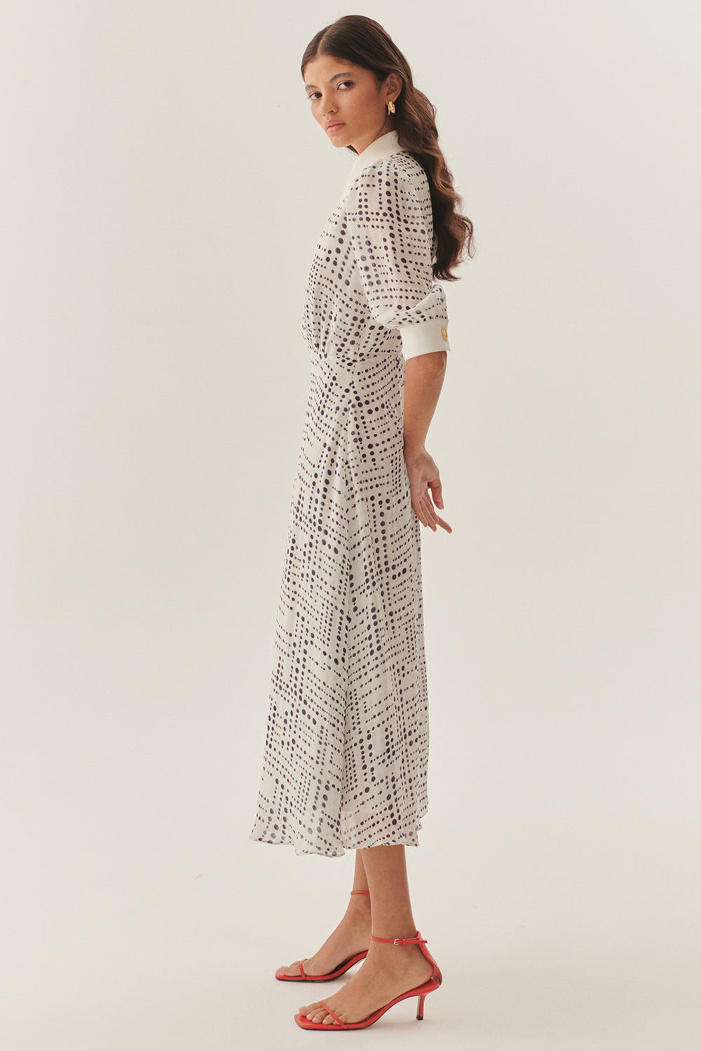 Contrast Collar Waist-Fitted Rayon Chiffon Patterned Dress - BLUE