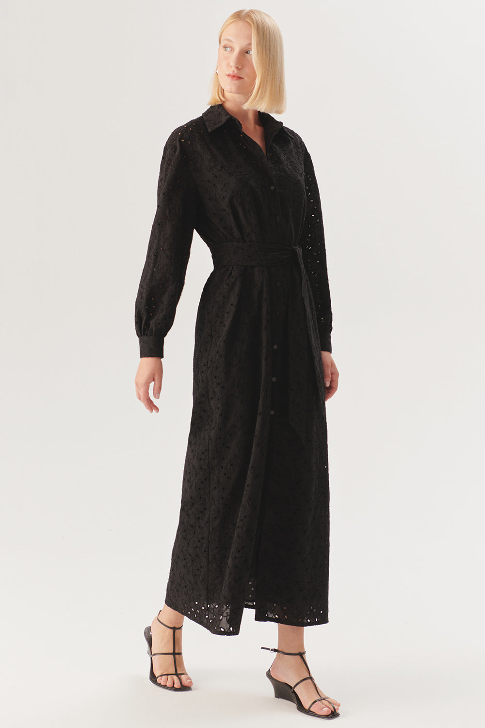 Maxi Belted Broderie Anglaise Cotton Shirt Dress - BLACK