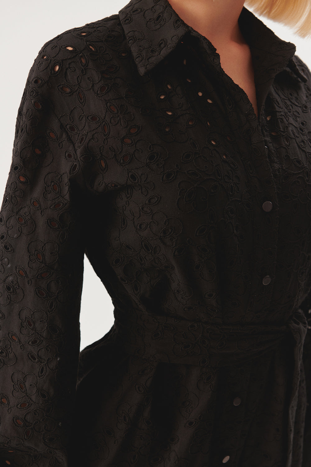 Maxi Belted Broderie Anglaise Cotton Shirt Dress - BLACK