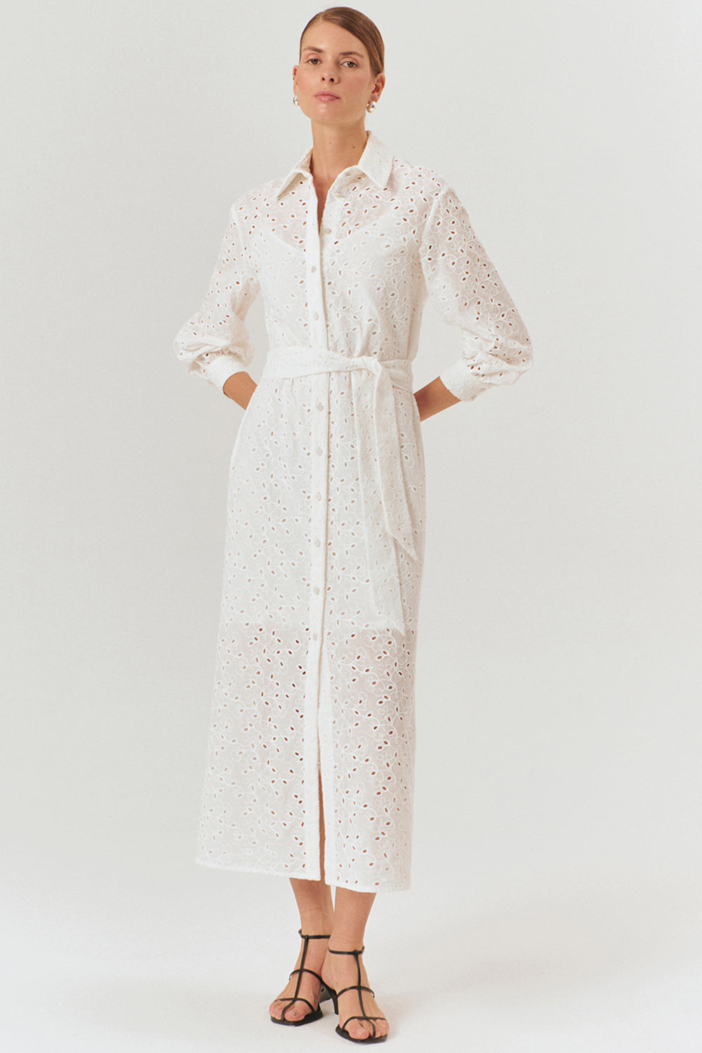 Maxi Belted Broderie Anglaise Cotton Shirt Dress - ECRU