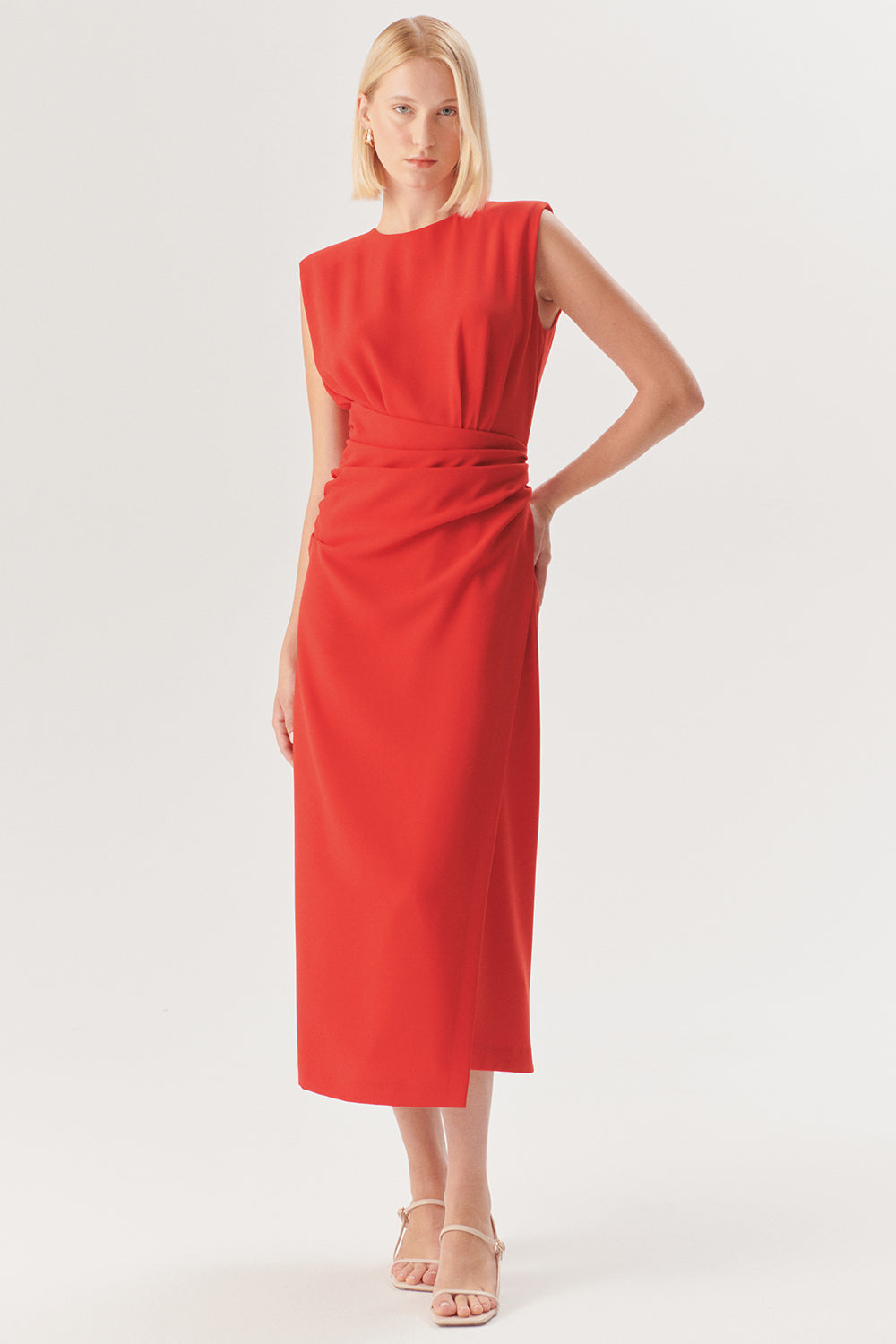 Sleeveless Draped Midi Dress – Red