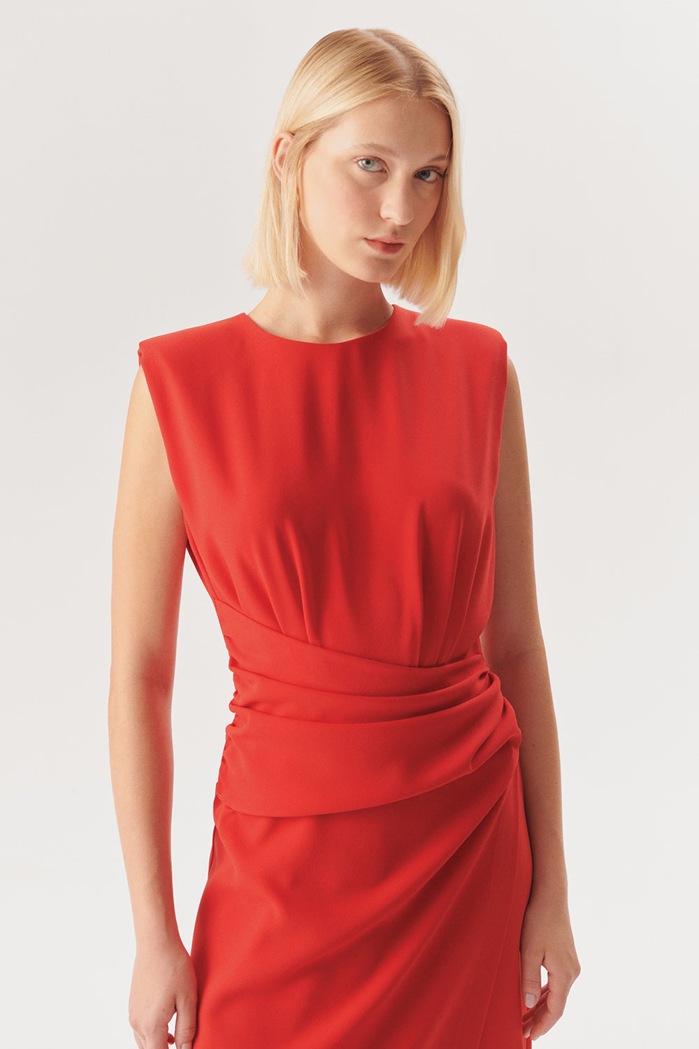 Sleeveless Draped Midi Dress – Red
