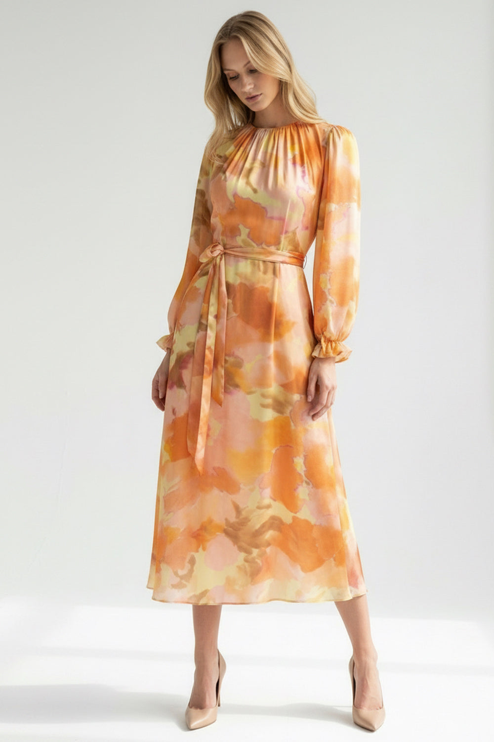 Crew Neck Long Sleeve Relaxed Fit Printed Dress – Multi Color