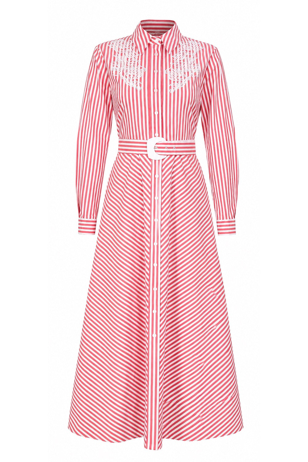 Embroidered Collared Midi Dress with Belt and Long Sleeves - RED WHITE