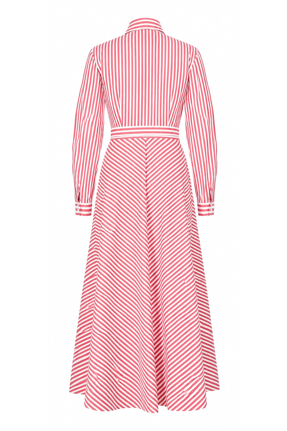 Embroidered Collared Midi Dress with Belt and Long Sleeves - RED WHITE