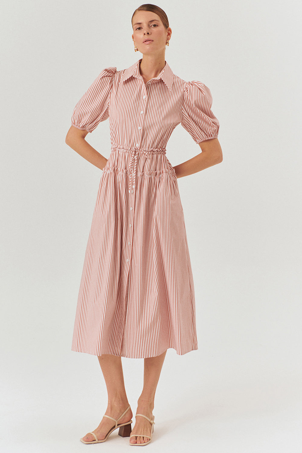 Balloon Sleeve Fitted Cotton Midi Shirt Dress – Pink