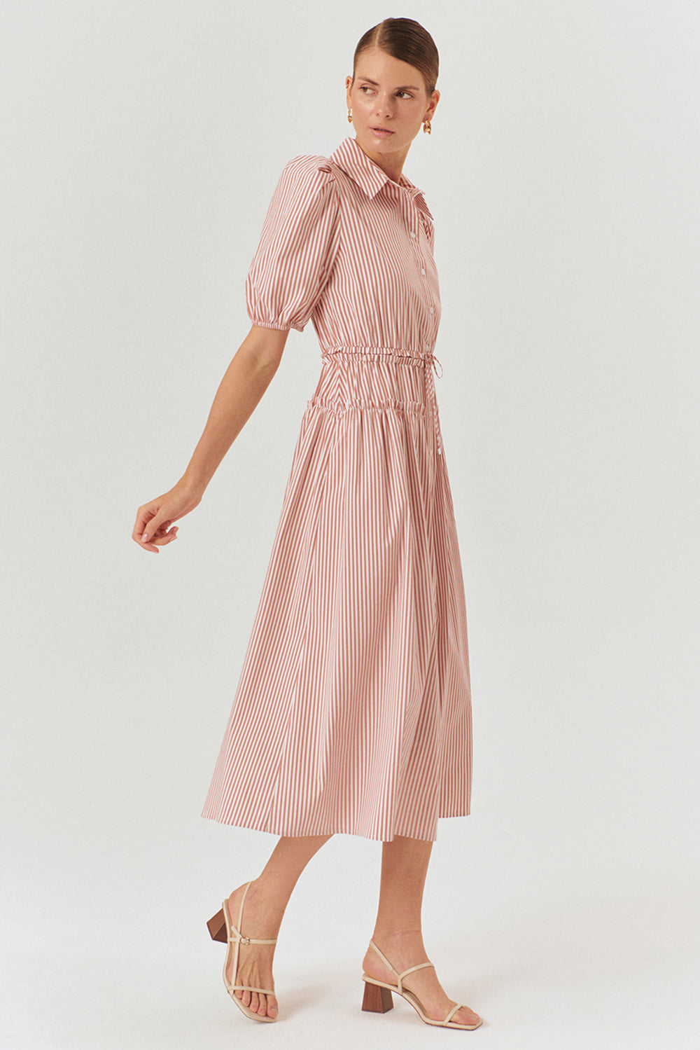 Balloon Sleeve Fitted Cotton Midi Shirt Dress – Pink