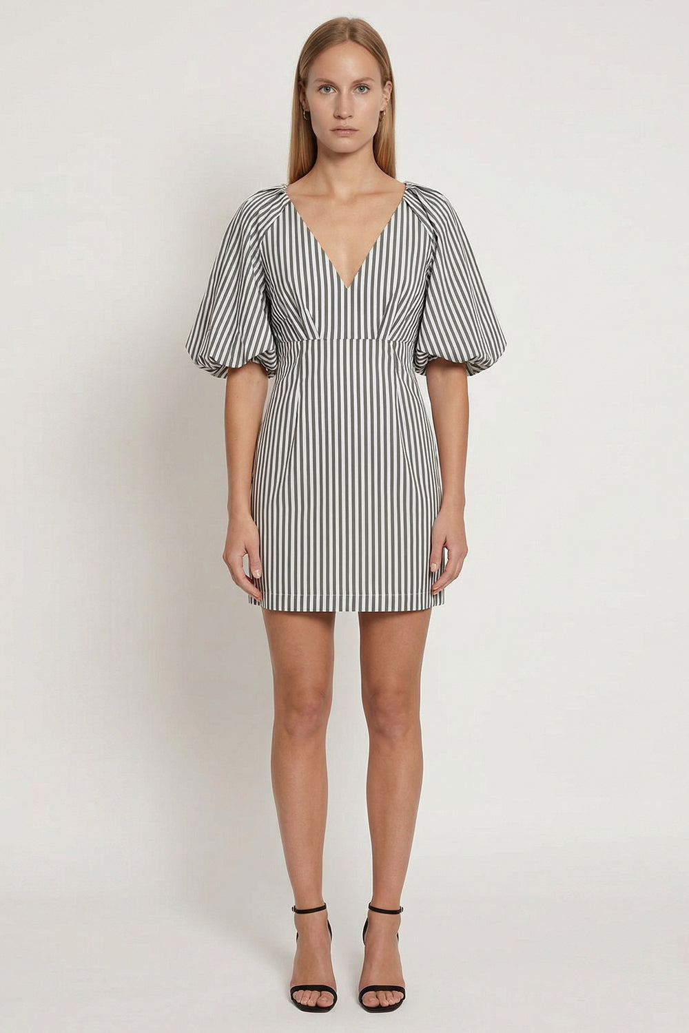 V-Neck Balloon Sleeve Striped Cotton Mini Dress - KHAKI