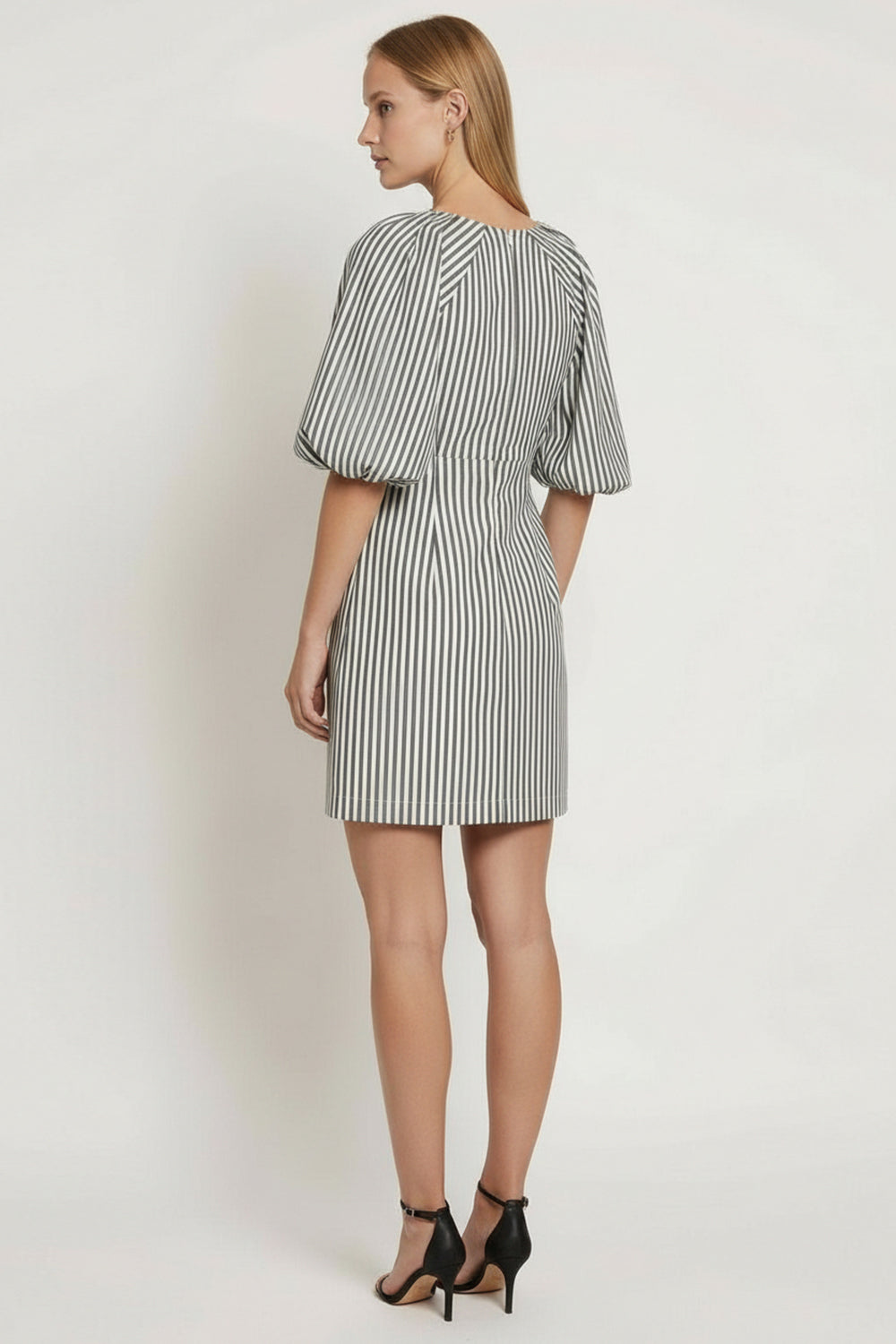 V-Neck Balloon Sleeve Striped Cotton Mini Dress - KHAKI