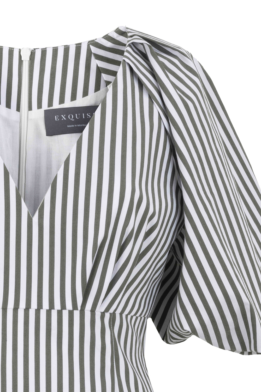 V-Neck Balloon Sleeve Striped Cotton Mini Dress - KHAKI