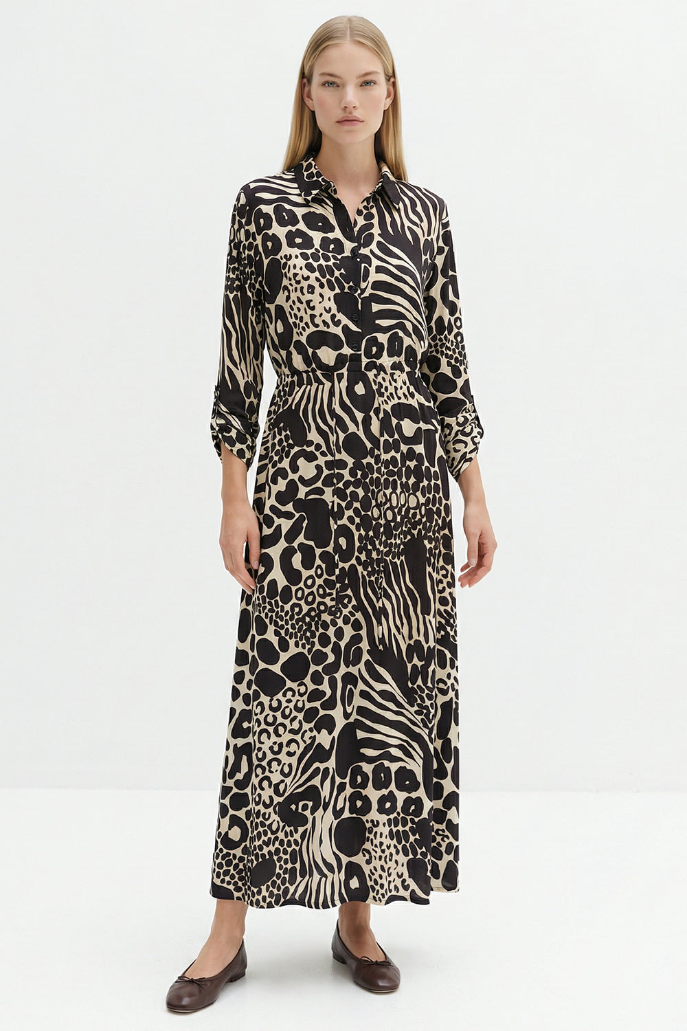 Tie Waist Printed Midi Dress – BLACK