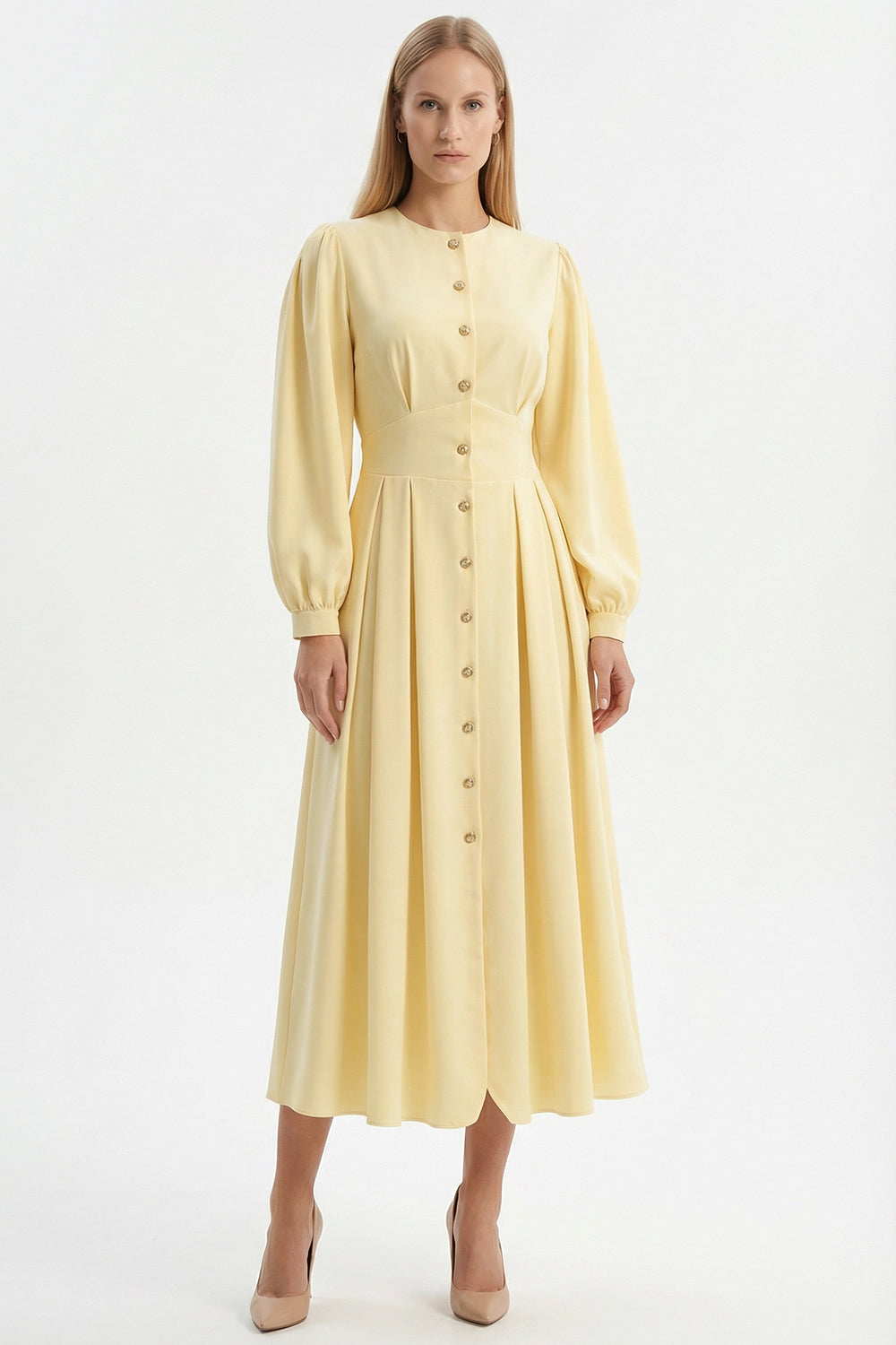 Long Sleeve Fitted Crew Neck Midi Dress – Beige