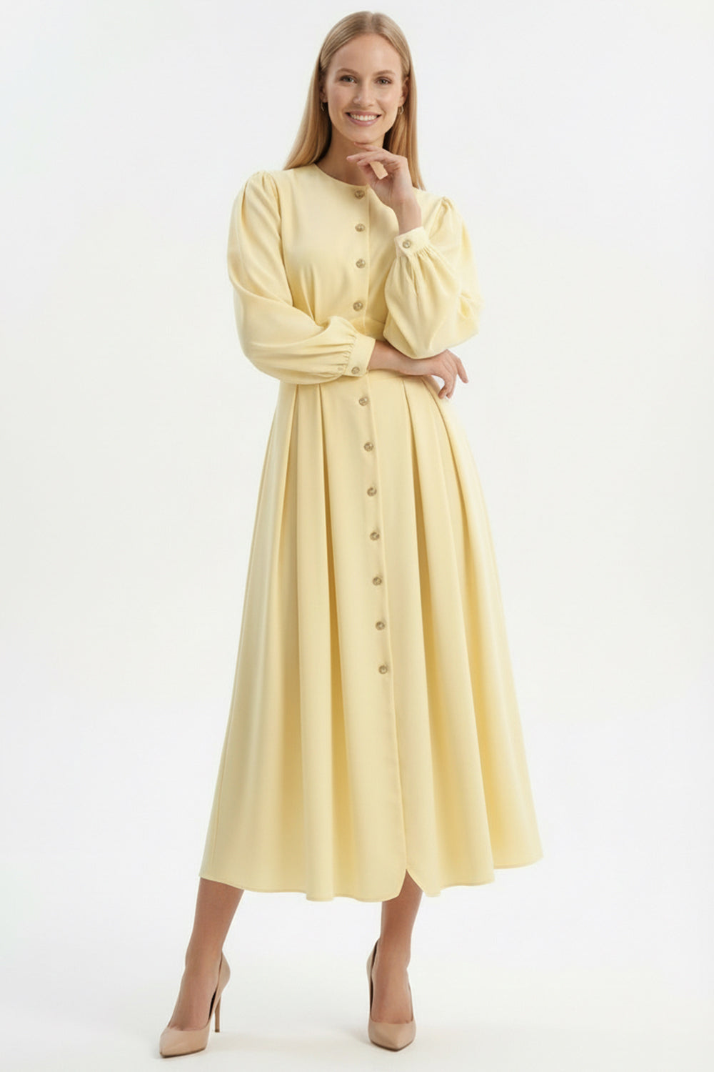 Long Sleeve Fitted Crew Neck Midi Dress – Beige