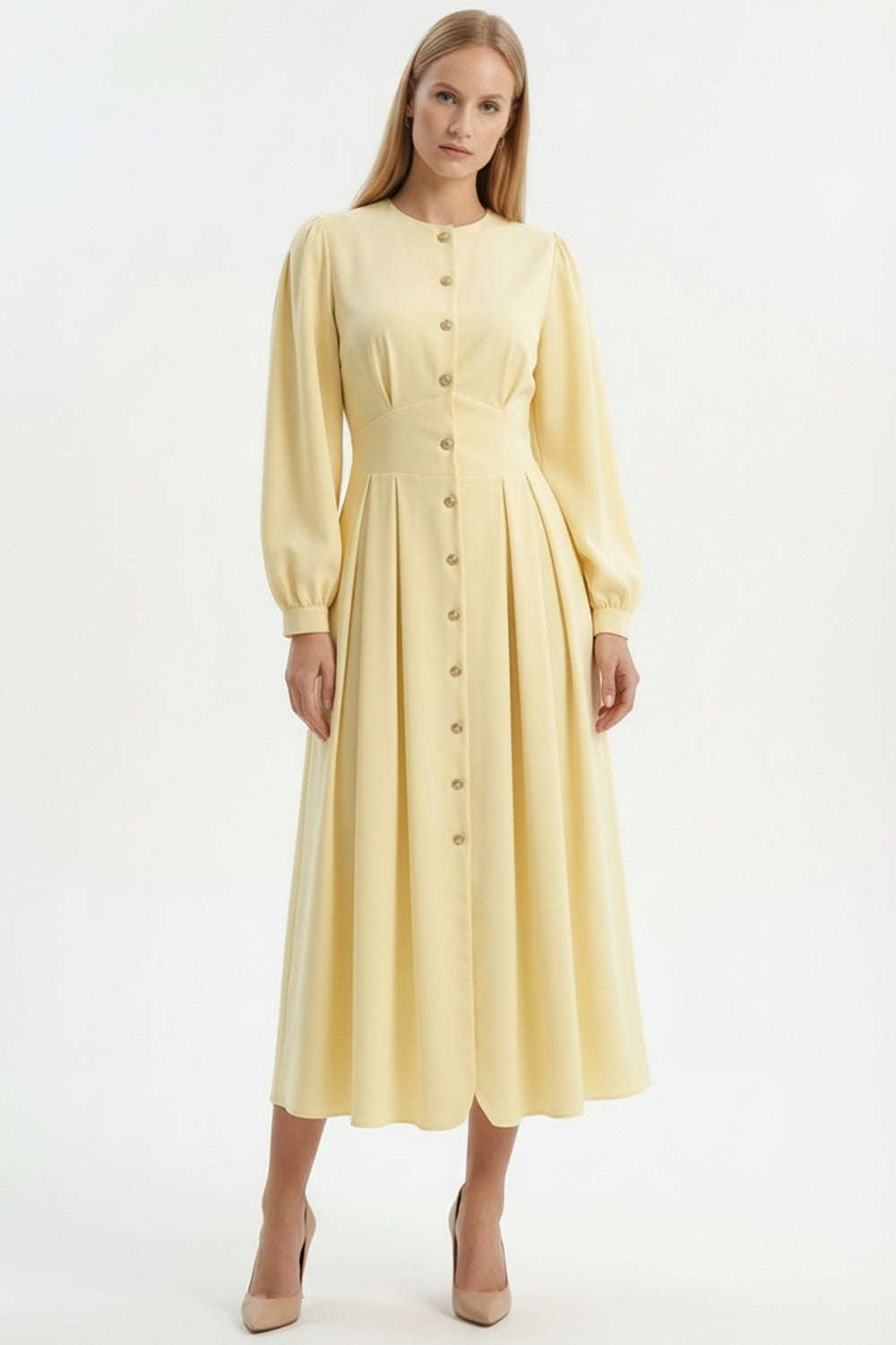 Long Sleeve Fitted Crew Neck Midi Dress – Beige