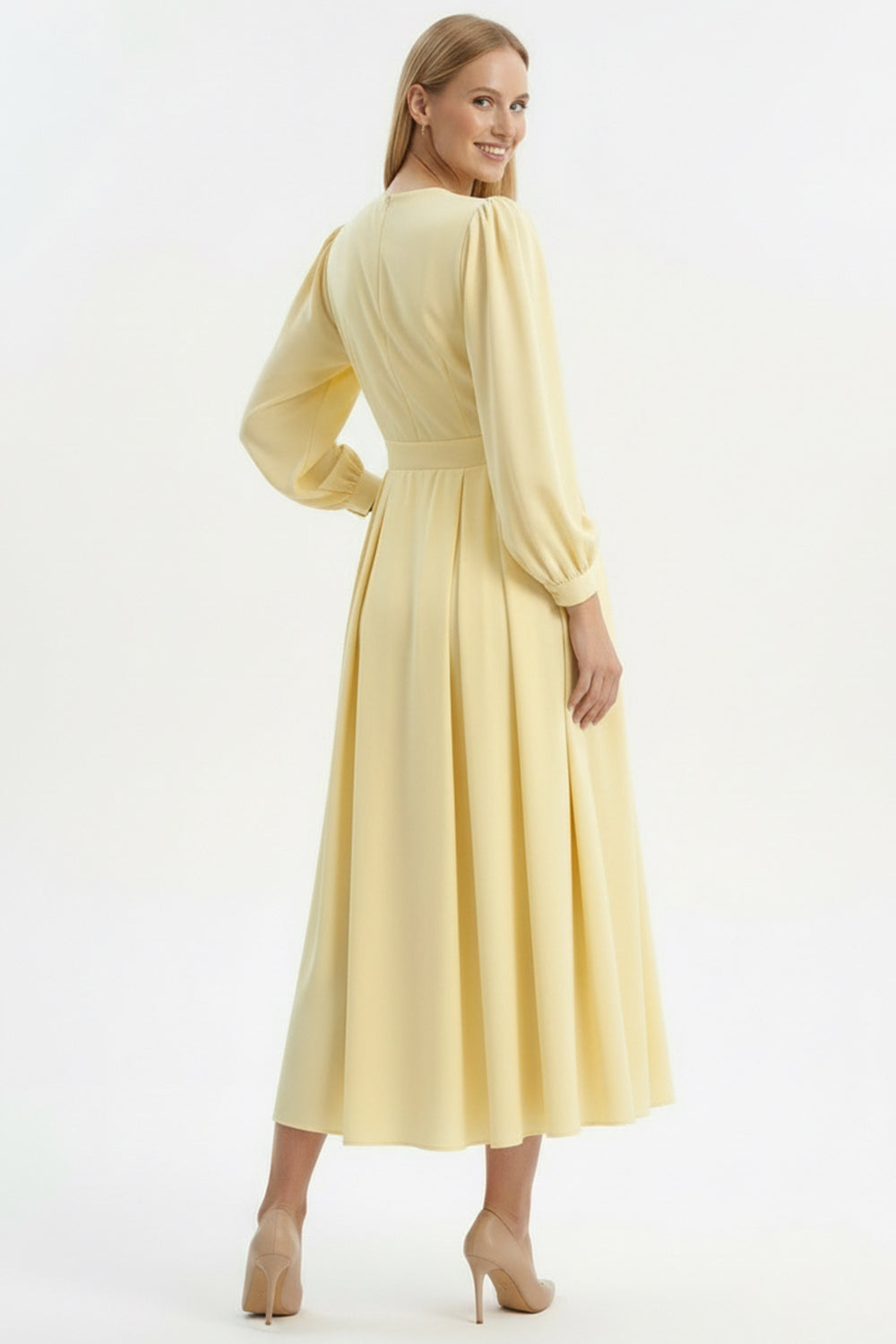 Long Sleeve Fitted Crew Neck Midi Dress – Beige