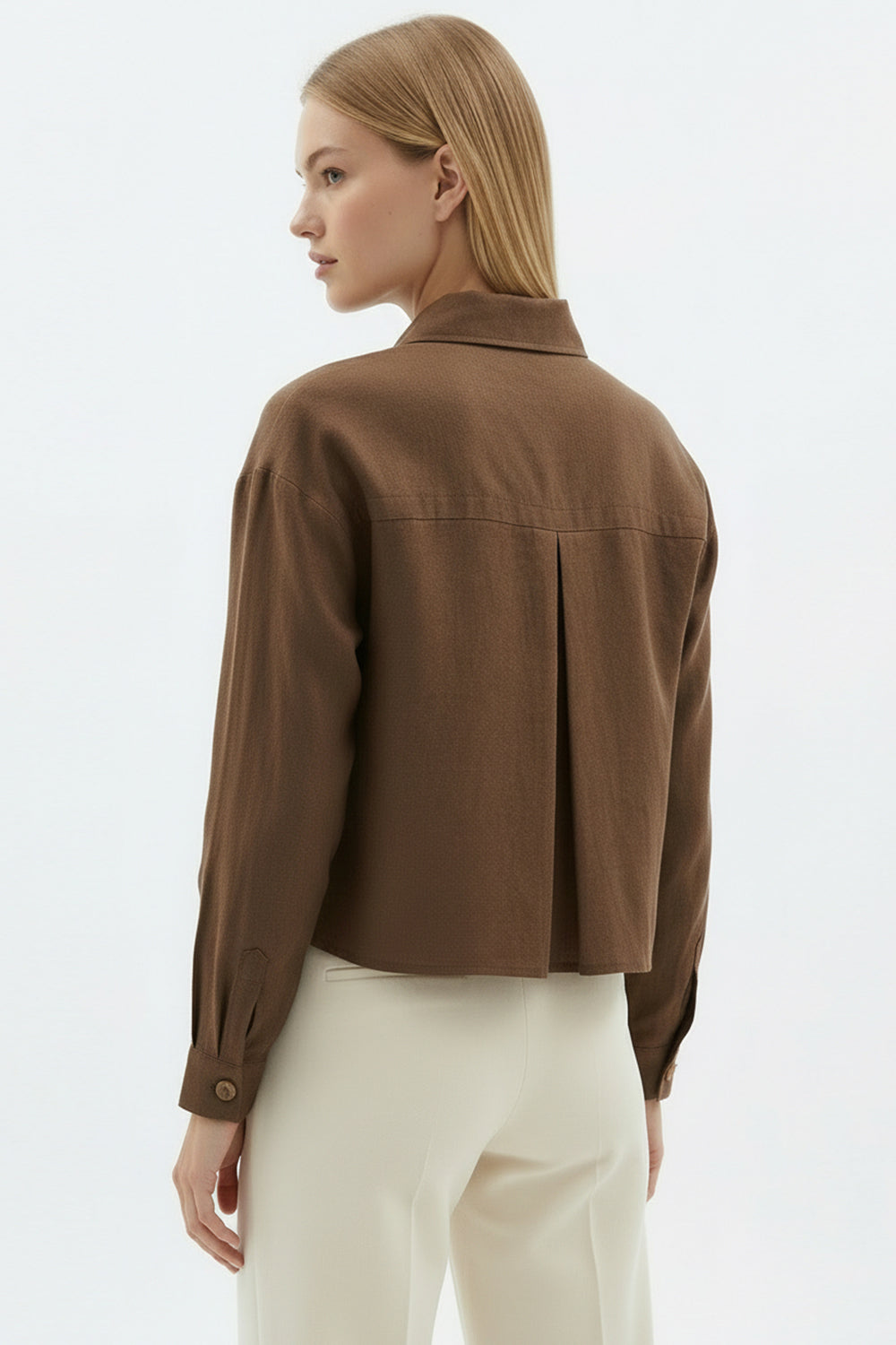 Shirt Collar Long Sleeve Pocket Regular Linen Crop Jacket - BROWN
