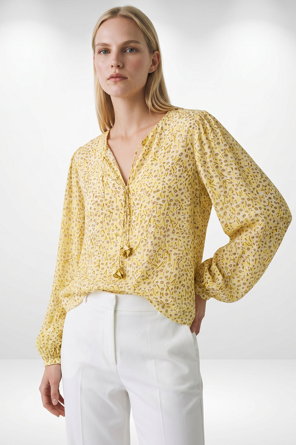 Florenz Crew Neck Tie Front Patterned Blouse - MULTI COLOR