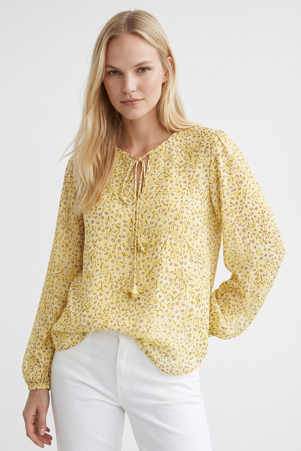 Florenz Crew Neck Tie Front Patterned Blouse - MULTI COLOR