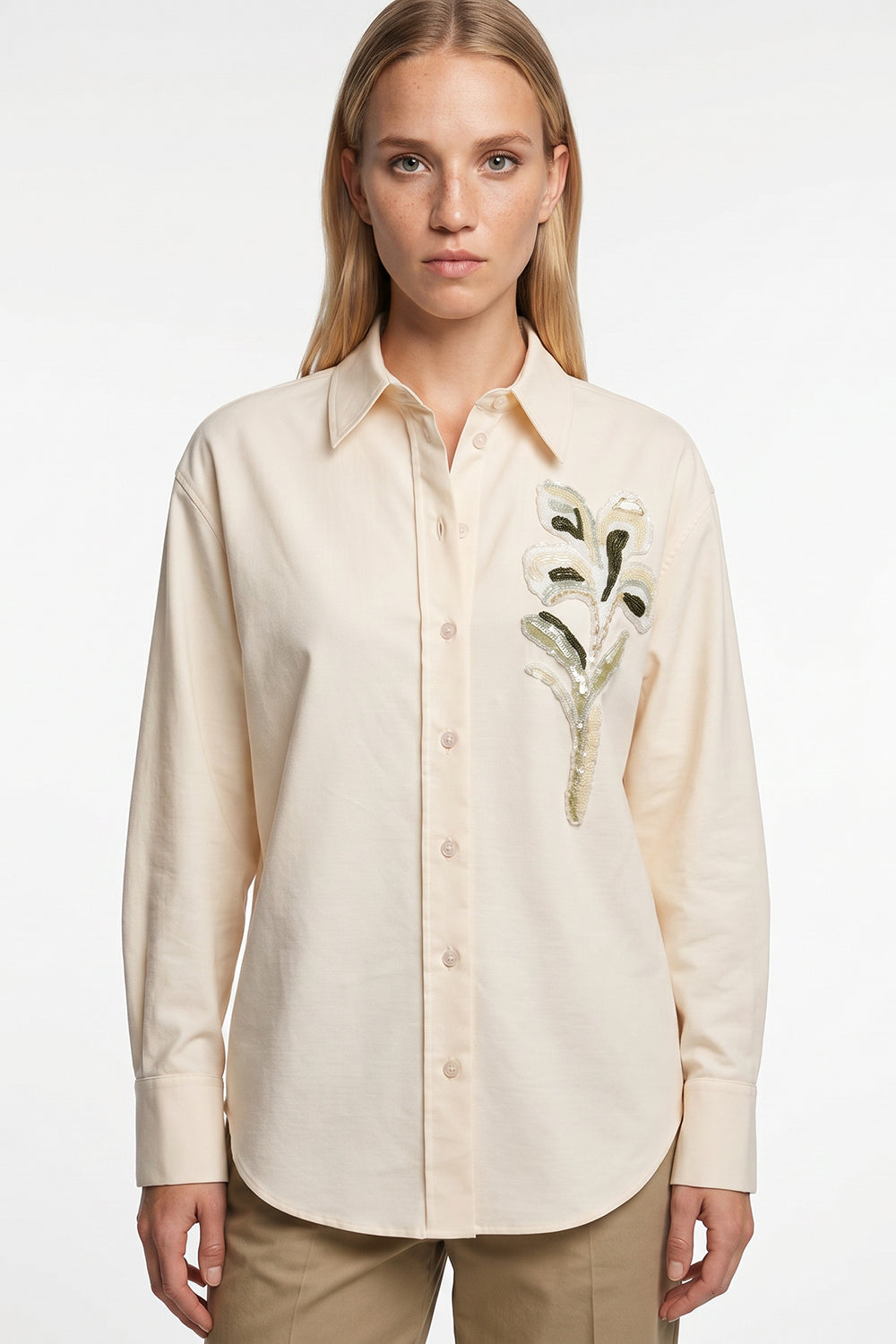 Embroidered Collared Shirt with Long Sleeves - Cream
