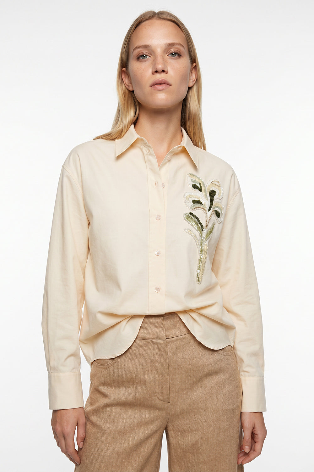 Embroidered Collared Shirt with Long Sleeves - Cream