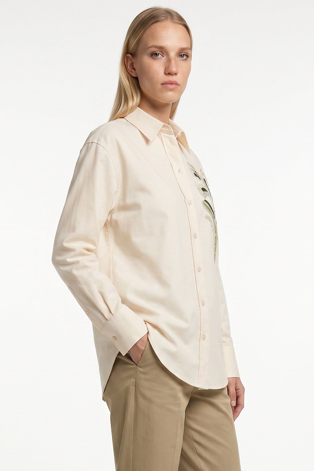 Embroidered Collared Shirt with Long Sleeves - Cream