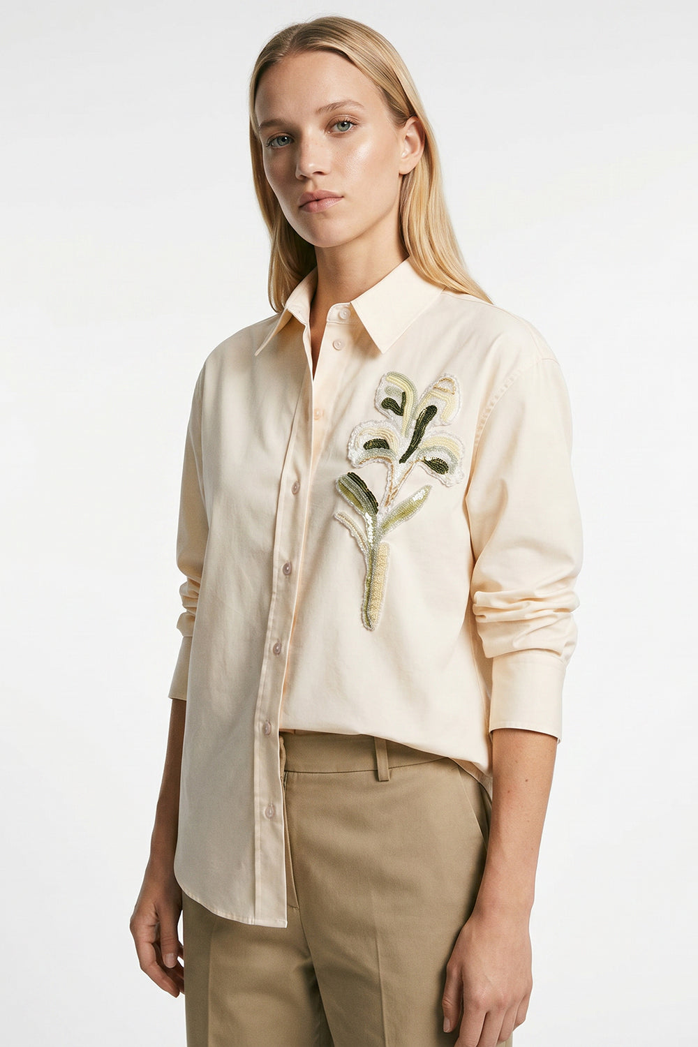 Embroidered Collared Shirt with Long Sleeves - Cream