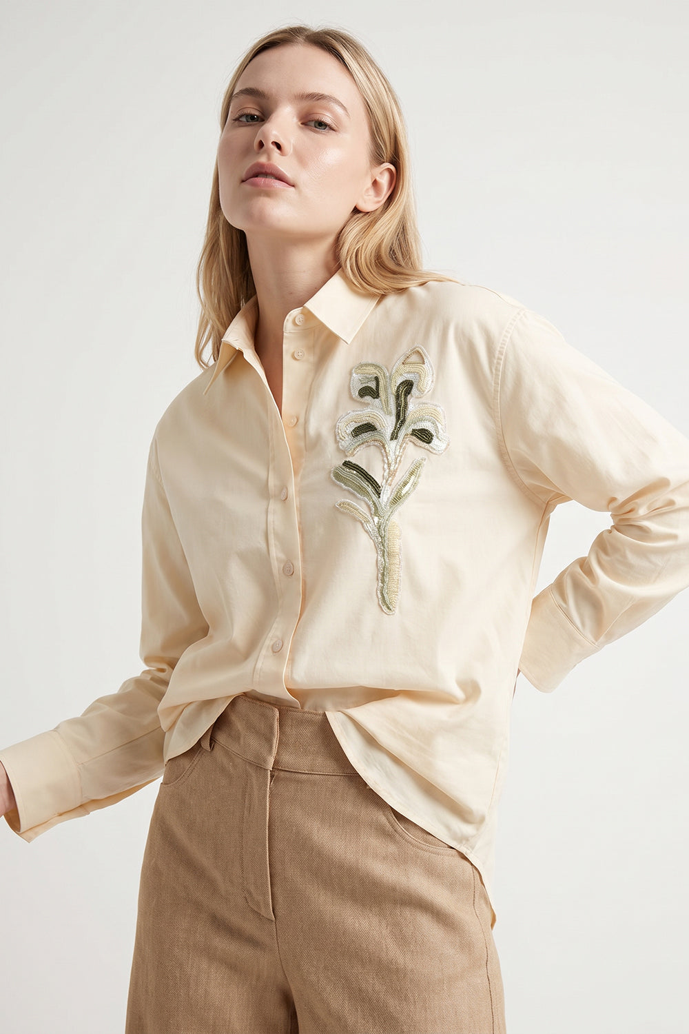 Embroidered Collared Shirt with Long Sleeves - Cream
