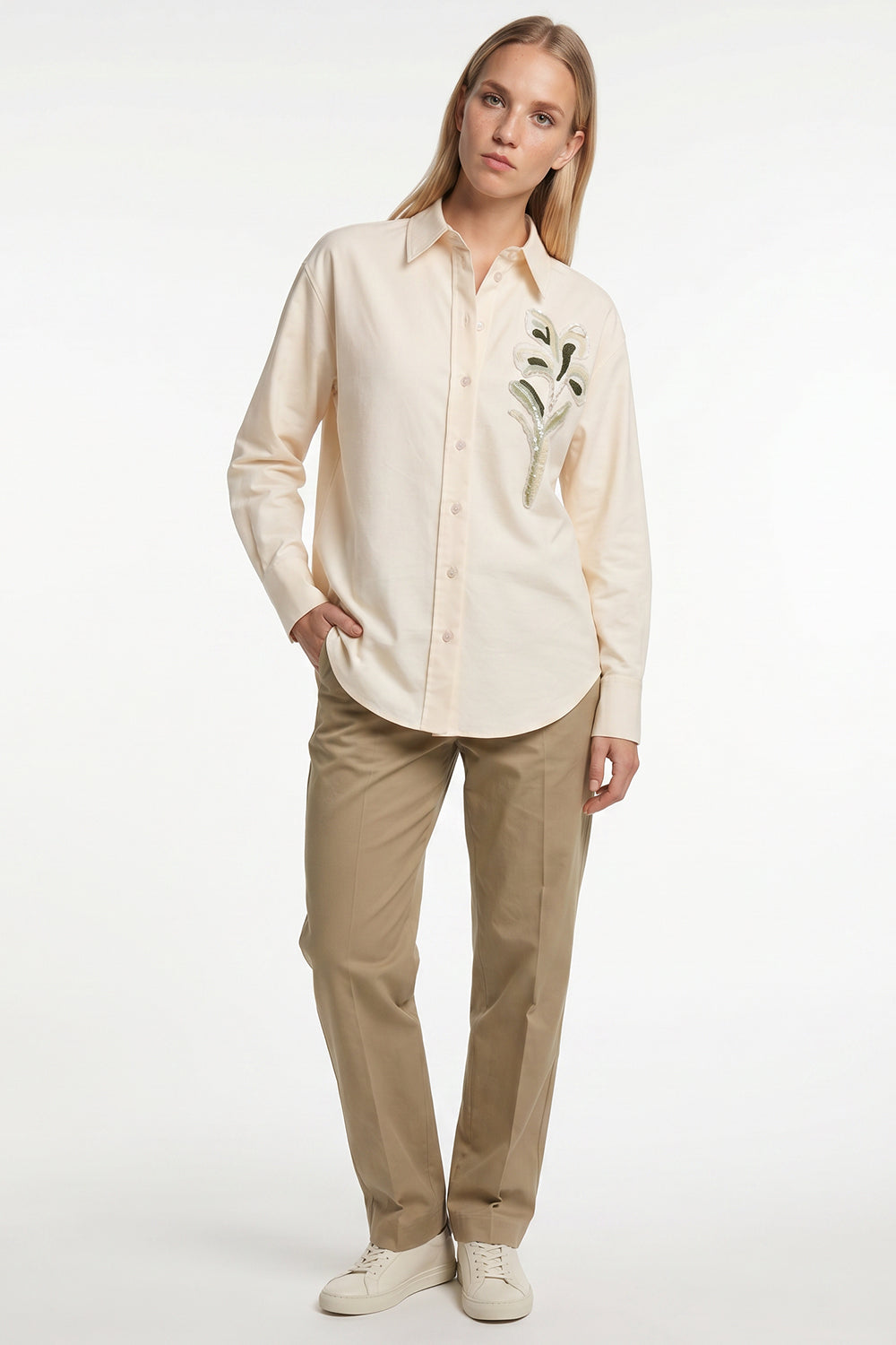 Embroidered Collared Shirt with Long Sleeves - Cream