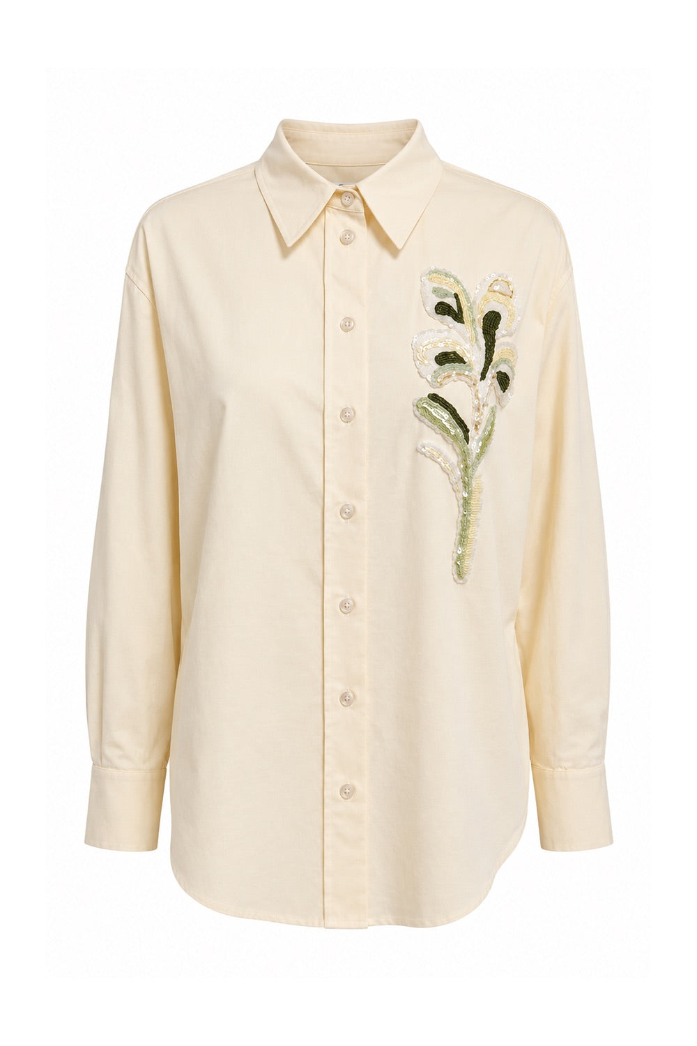 Embroidered Collared Shirt with Long Sleeves - Cream