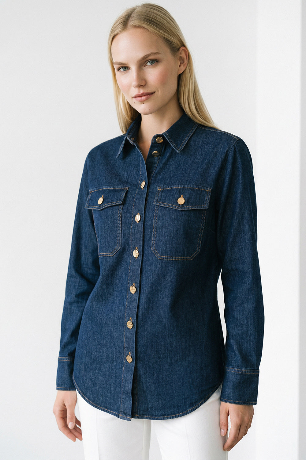 Shirt Collar Long Sleeve Snap Button Denim Shirt - DENIM BLUE
