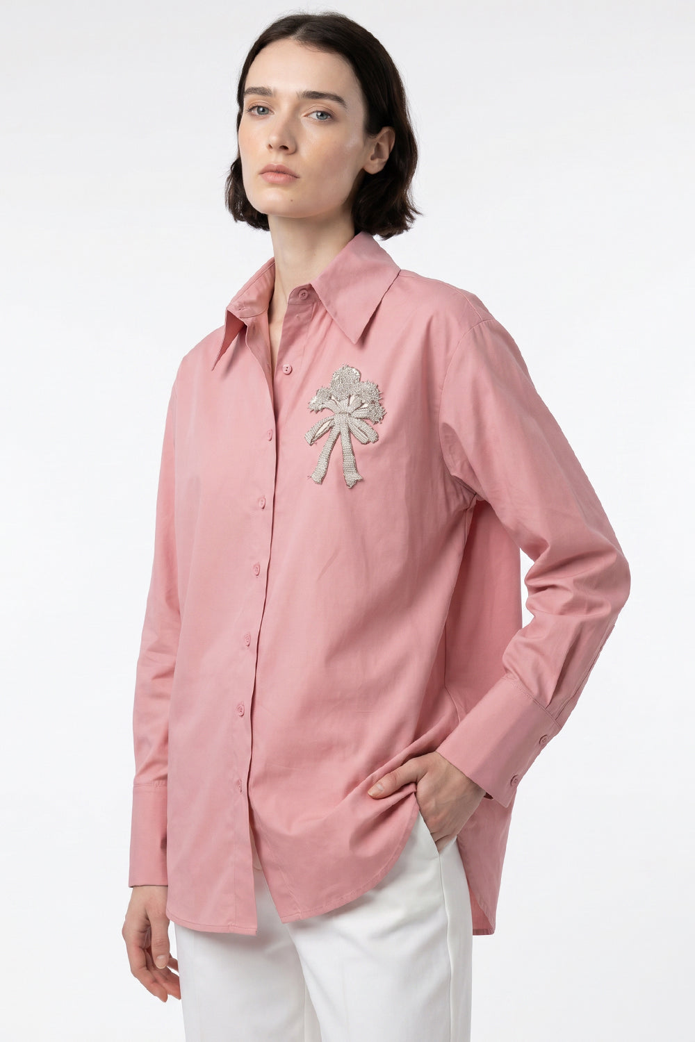 Shirt Collar Long Sleeve Embroidered Cuffed Shirt - PINK