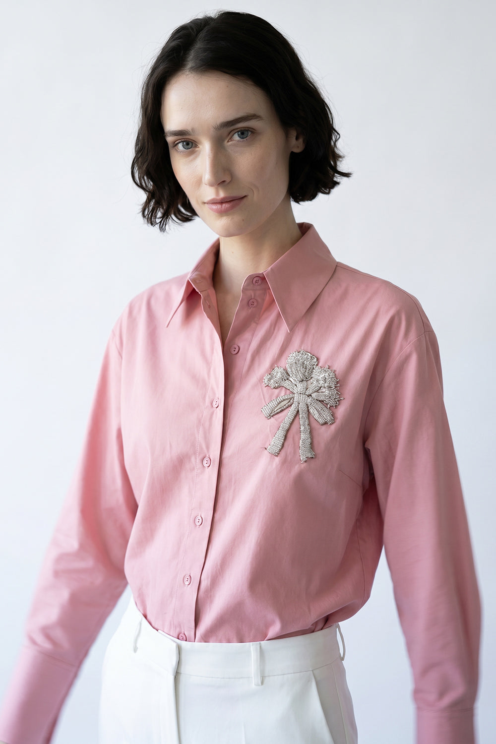 Shirt Collar Long Sleeve Embroidered Cuffed Shirt - PINK