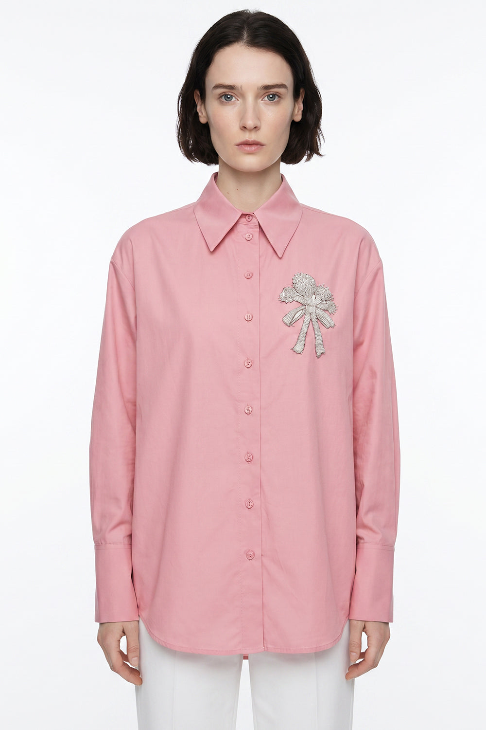 Shirt Collar Long Sleeve Embroidered Cuffed Shirt - PINK