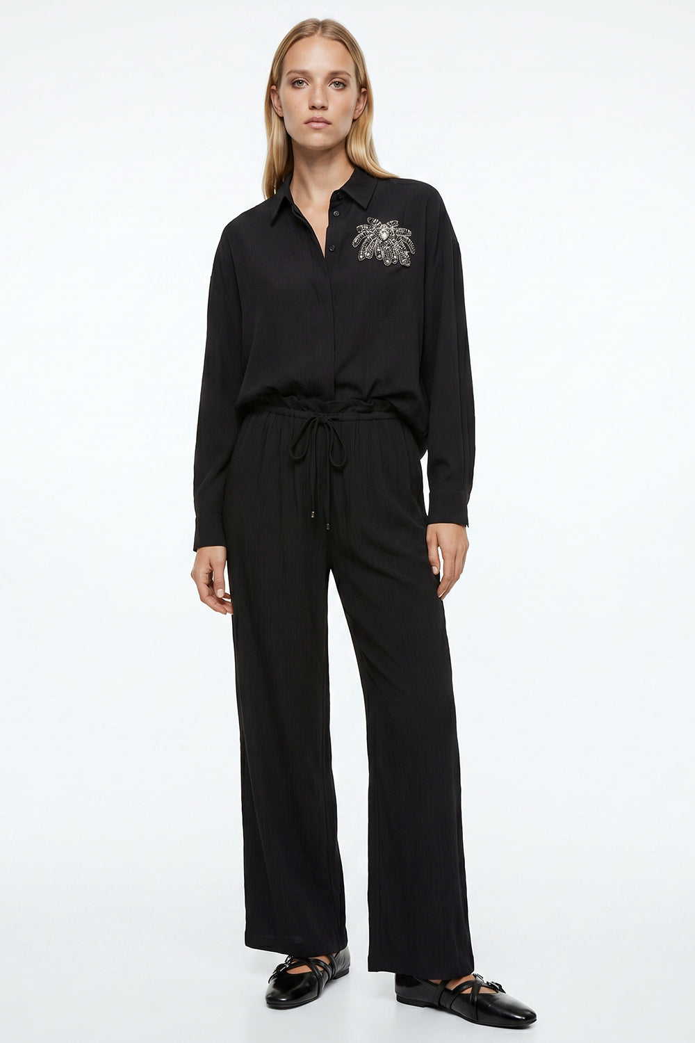 Collared Long Sleeve Embroidered Crinkle Shirt - Black