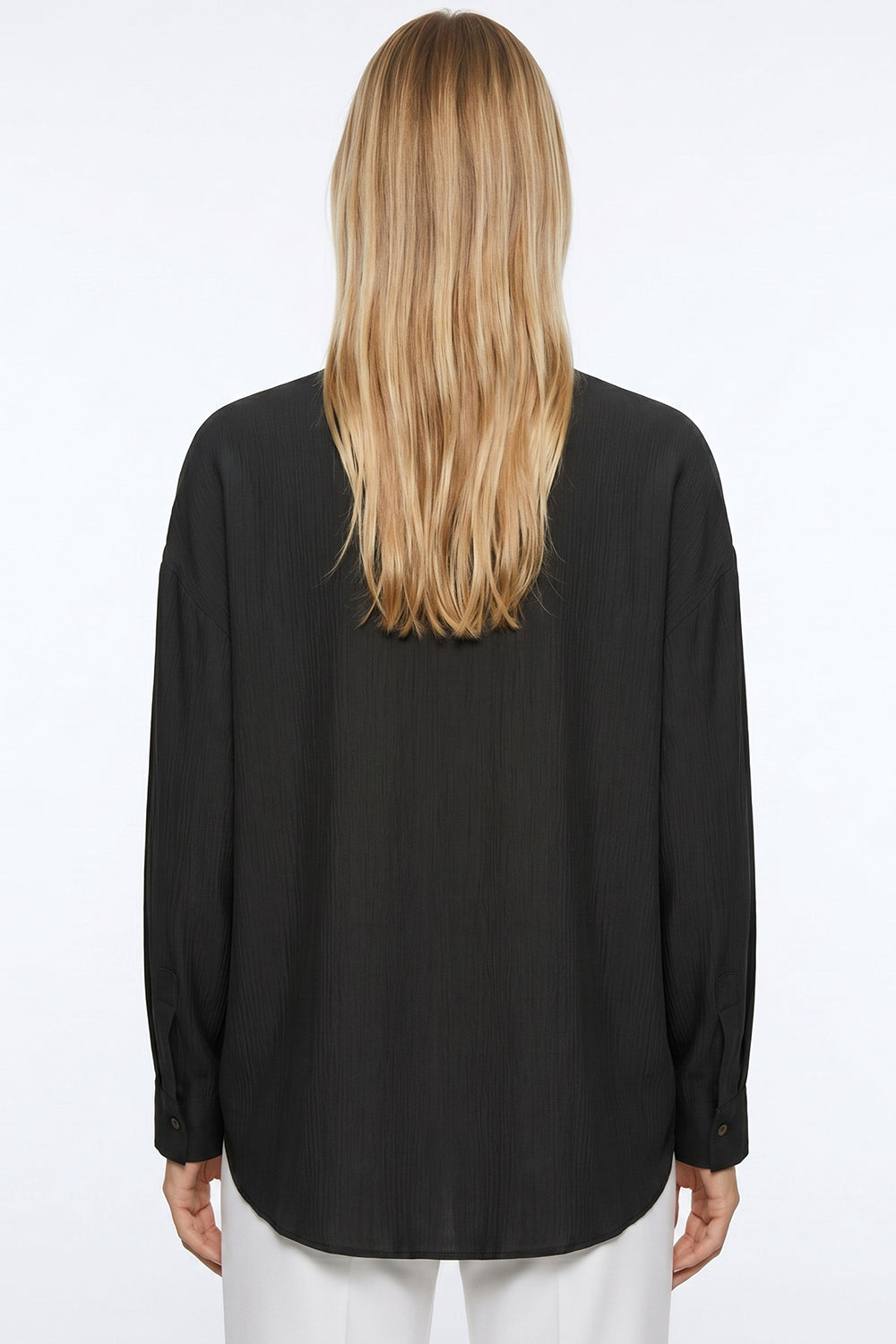 Collared Long Sleeve Embroidered Crinkle Shirt - Black