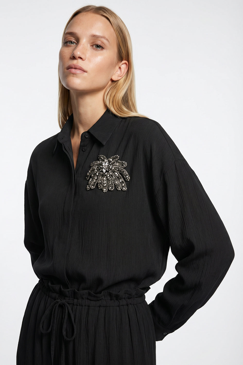 Collared Long Sleeve Embroidered Crinkle Shirt - Black