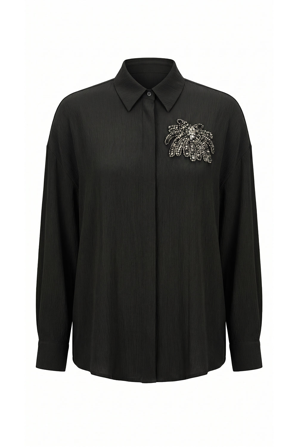 Collared Long Sleeve Embroidered Crinkle Shirt - Black