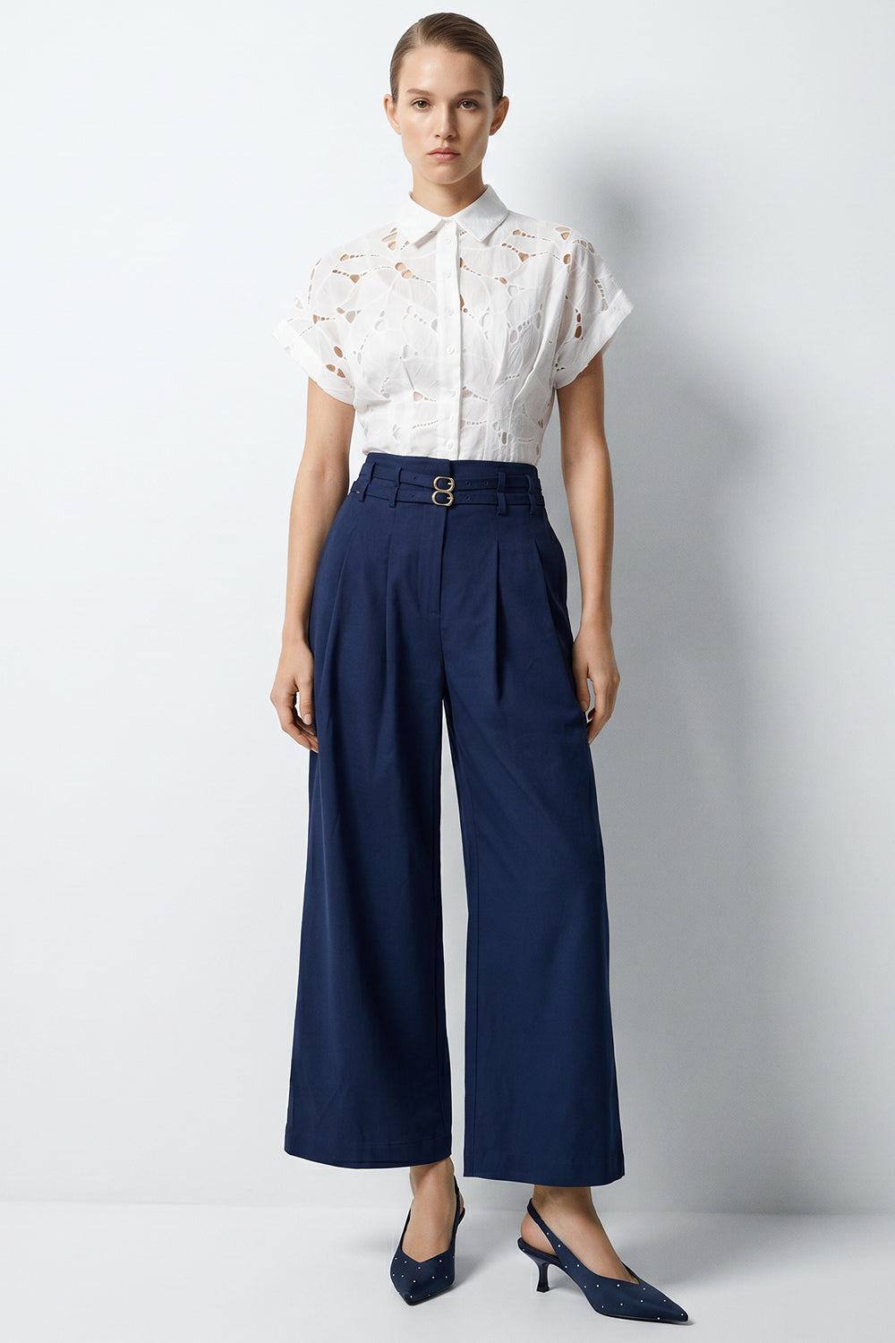 Mckenna Belted High Waisted Pleated Pants - Navy