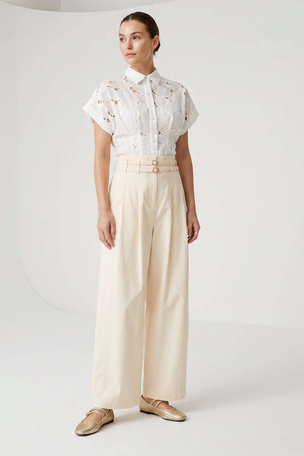 Belted High-Waisted Pleated Pocket Culotte Trousers - Ecru