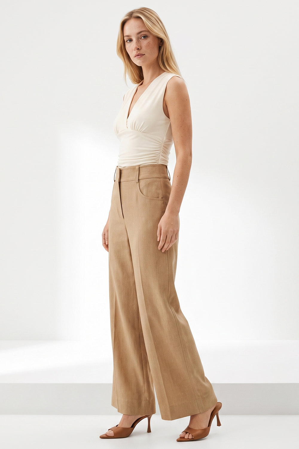 Rebecca High Rise Zippered Wide Leg Pants- Camel