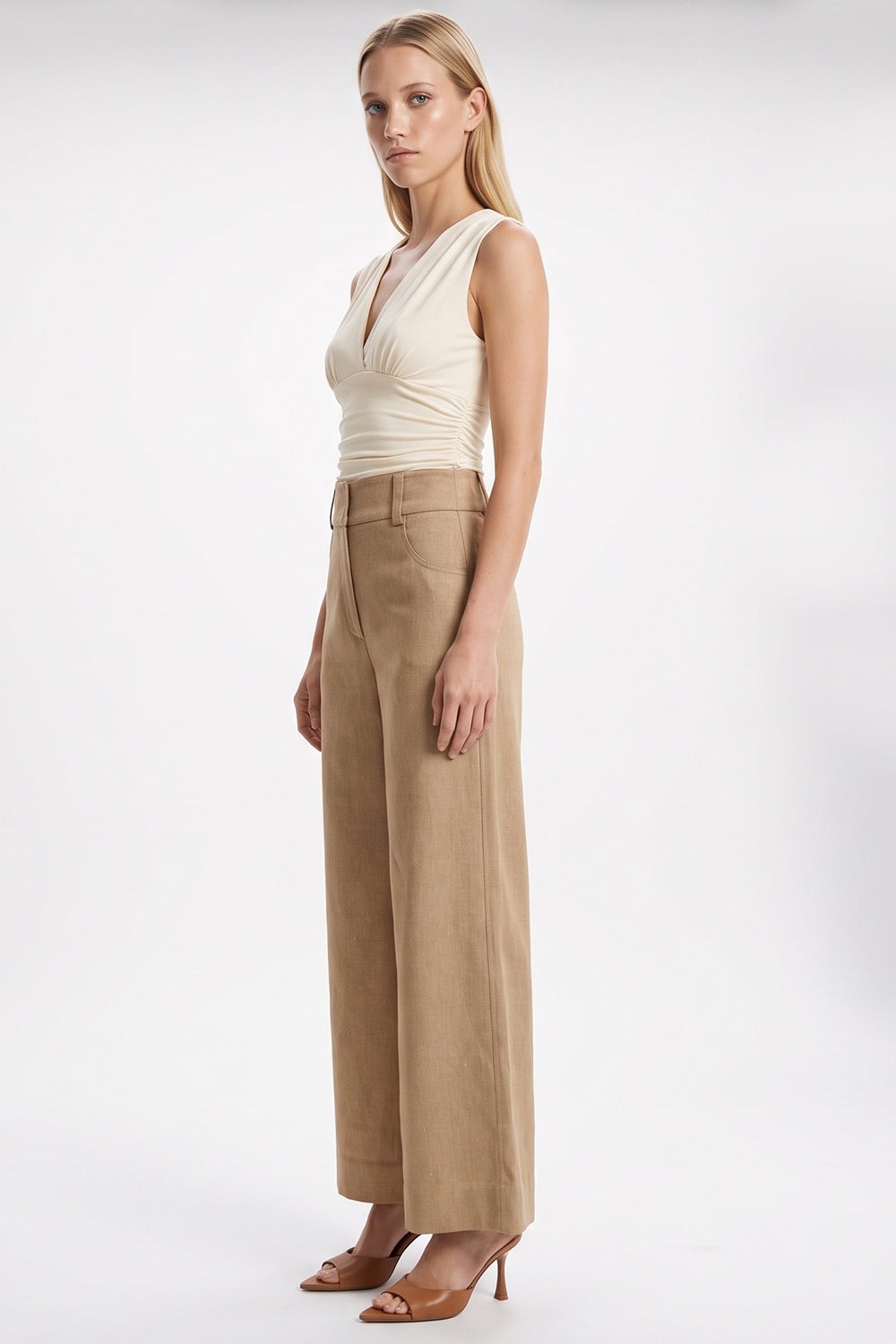 Rebecca High Rise Zippered Wide Leg Pants- Camel