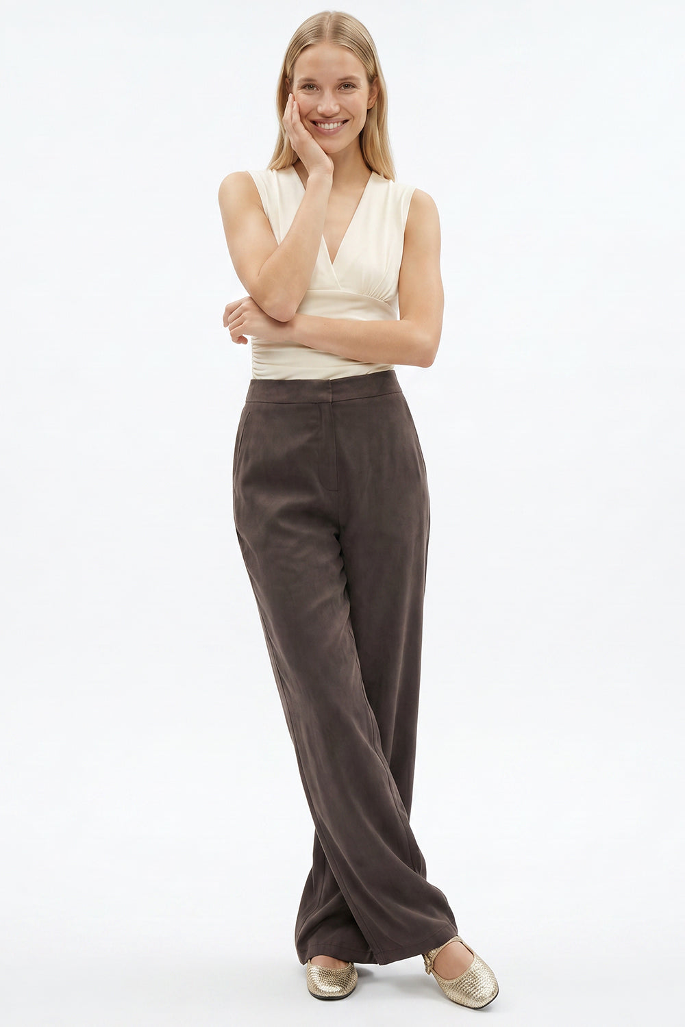 Wide-Leg Trousers with Zipper, Pockets and Elastic Back - KHAKI
