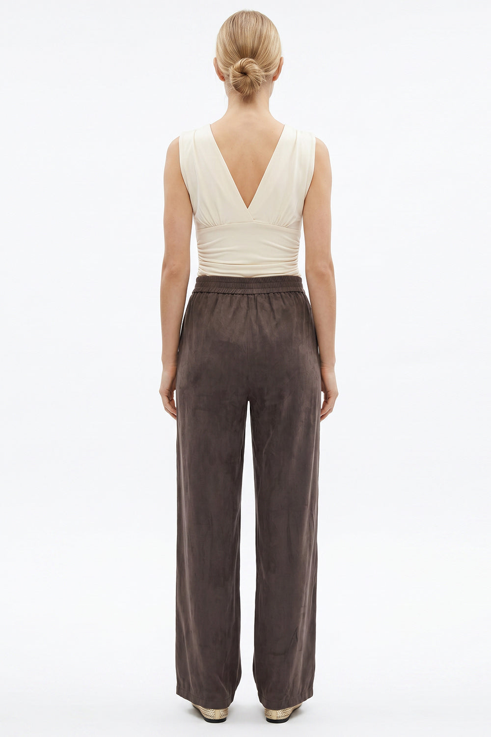 Wide-Leg Trousers with Zipper, Pockets and Elastic Back - KHAKI