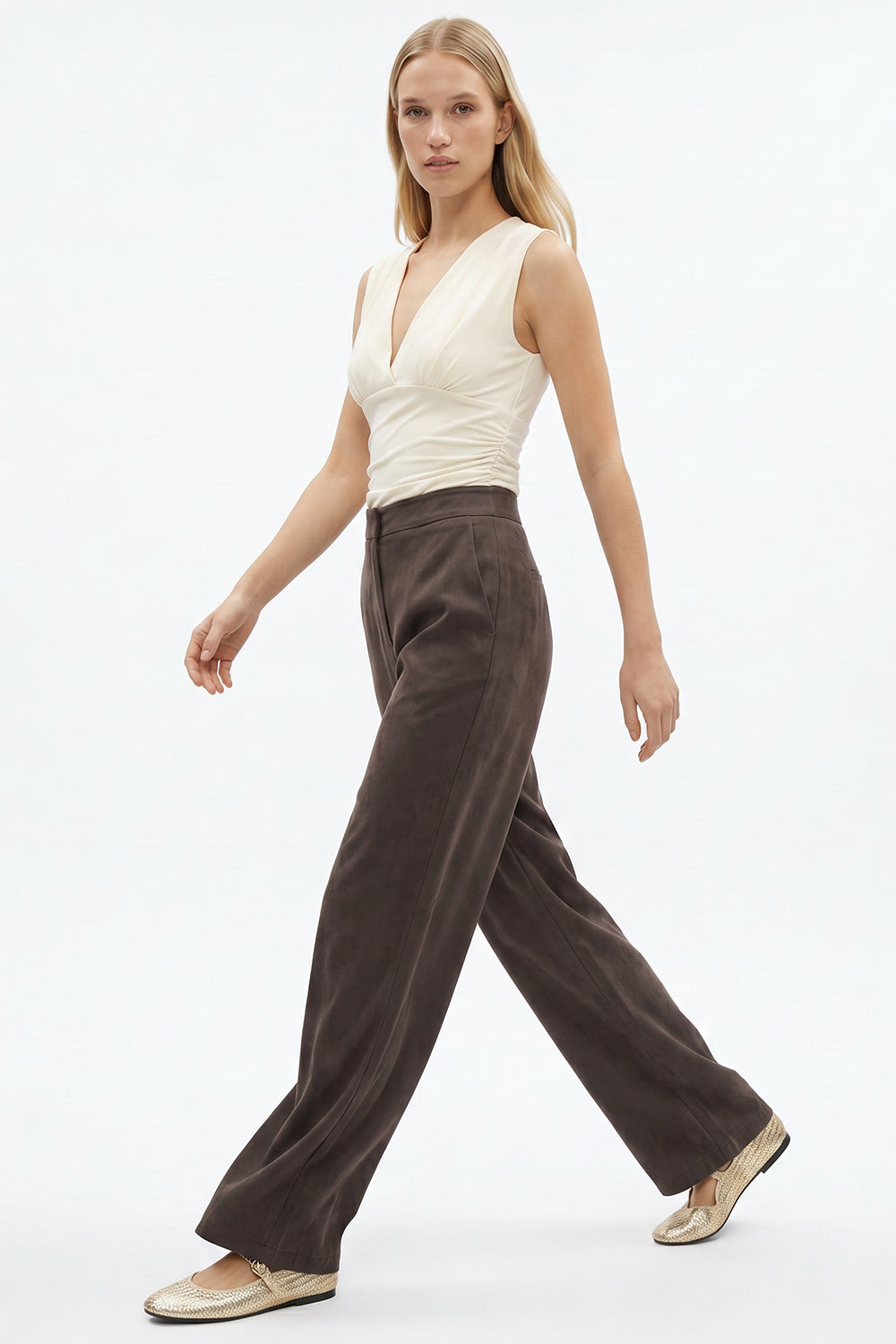 Wide-Leg Trousers with Zipper, Pockets and Elastic Back - KHAKI
